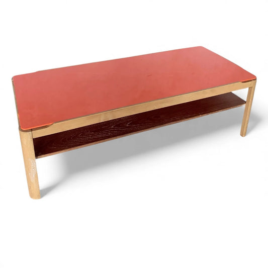 Mid Century Coffee Table – Custom Myers Orange Acrylic & Teak Two Tier Design