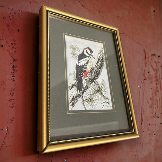 Vintage 1970s Woodpecker Bird Silk Picture