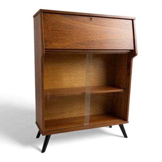 Mid-Century Teak Drinks Cabinet Bureau – Compact Writing Desk & Display Unit