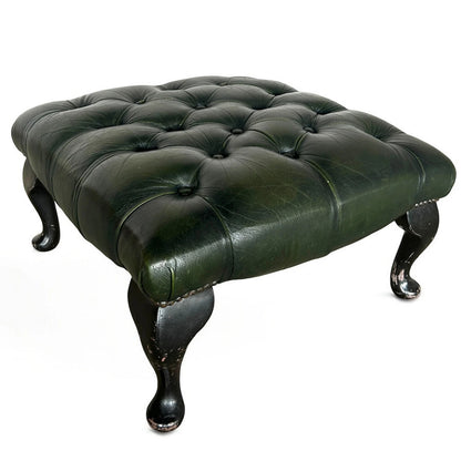Mid Century Modern Dark Green Leather Chesterfield Foot Stool