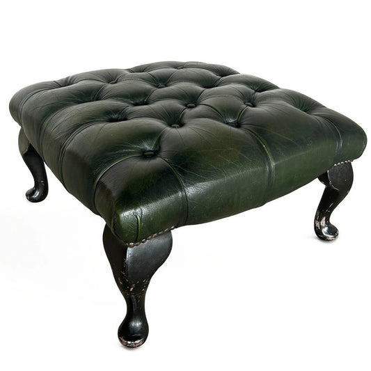 Mid Century Modern Dark Green Leather Chesterfield Foot Stool