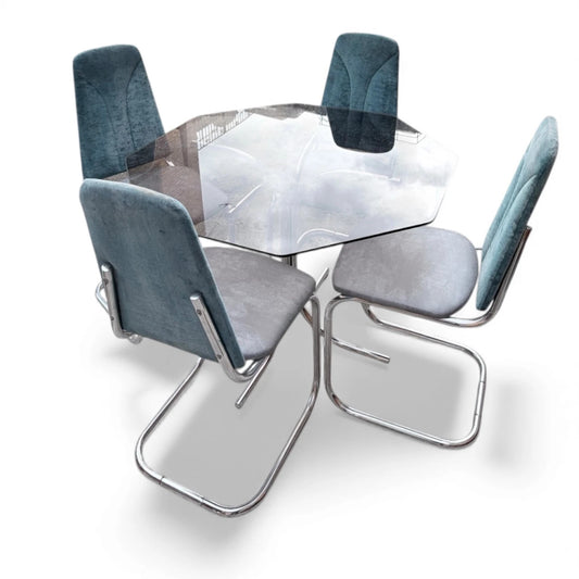 Vintage Chrome & Glass Hexagonal Dining Set | 1970s Space Age Table + 4 Blue Velvet Chairs