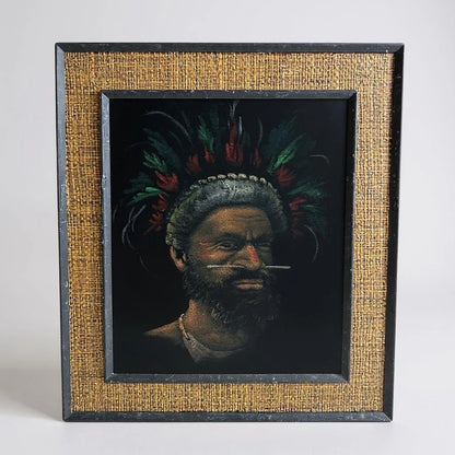 Mid Century Modern Tribal African Warrior Art Painting Bamboo Jute Frame