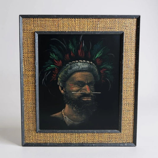 Mid Century Modern Tribal African Warrior Art Painting Bamboo Jute Frame