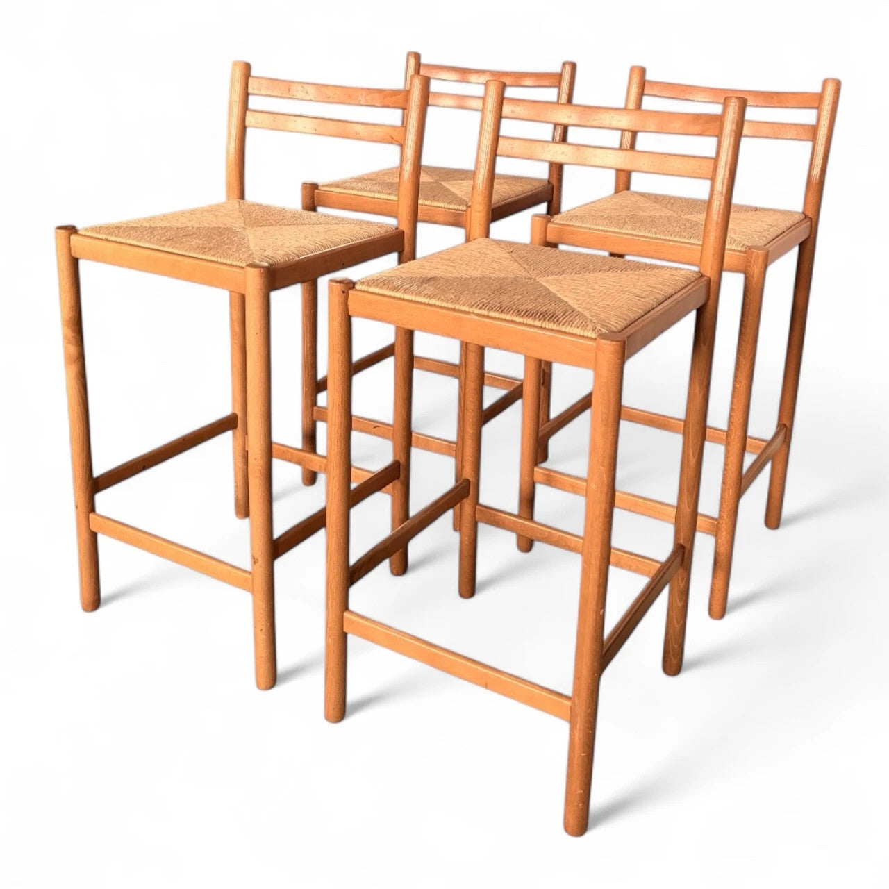Set of 4 Mid-Century Beech & Rush Bar Stools – 1970s Habitat / Magistretti Style