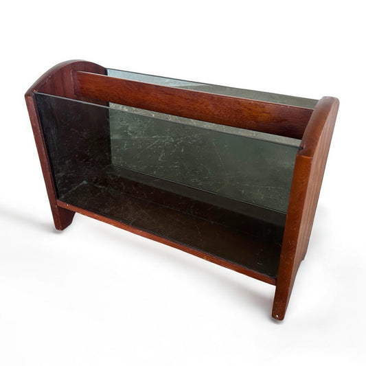 Mid Century Teak Wood Vinyl Storage Smoked Glass Magazine Rack