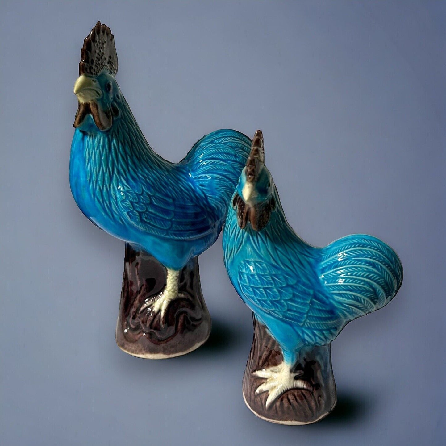 Pair of Antique Vintage Chinese Blue Glazed Porcelain Cockerels Roosters