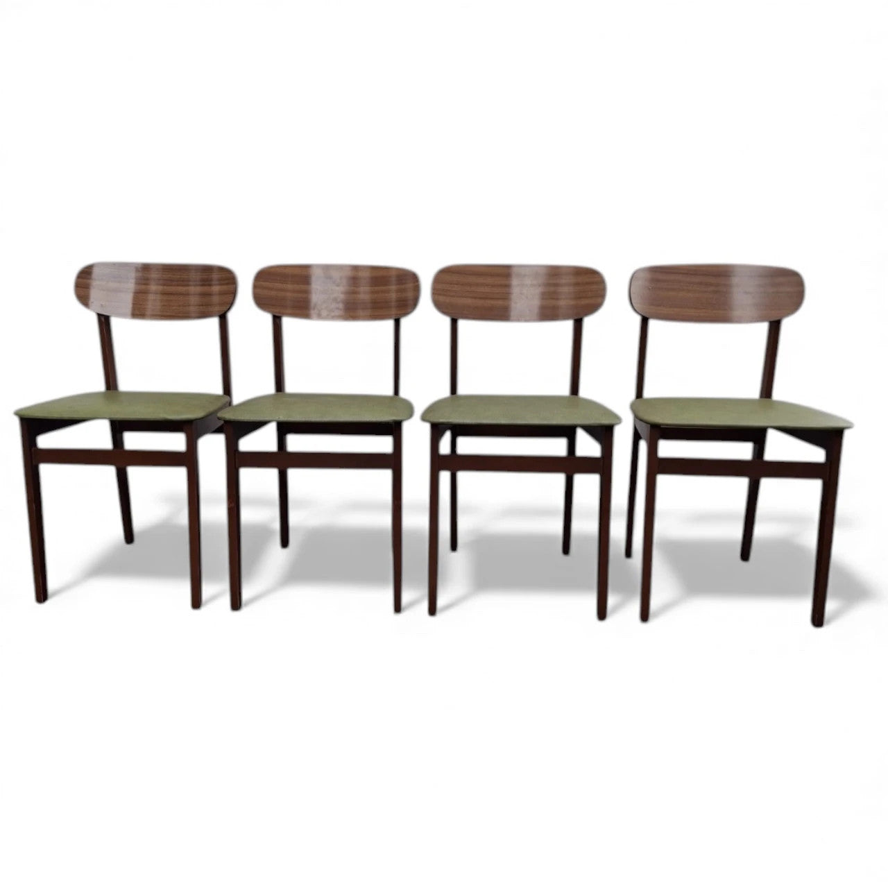 Mid Century Dining Chairs - Set of Four Teak Frames with Green Vinyl Seats