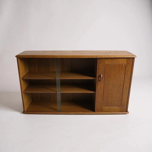 Midcentury Solid Oak Bookcase with Sliding Glass Doors | 1960s Priory Cabinet, Ercol Style