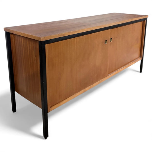 Mid Century Sideboard | Vintage Industrial Sliding Door Cabinet With Brass Handles