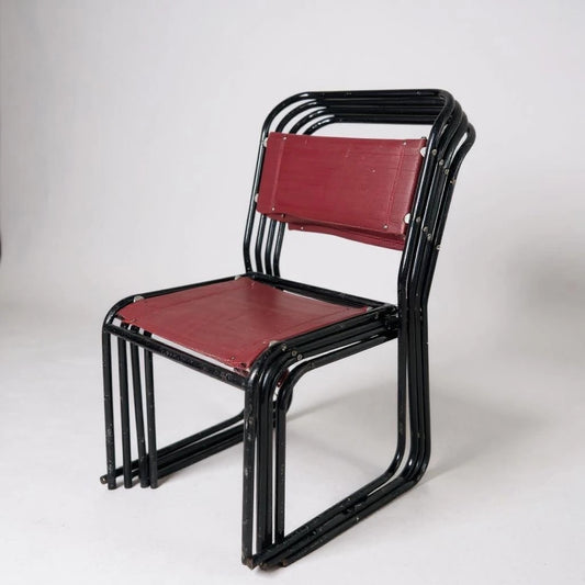 Mid Century Set of Four Pel Tubular Metal Red and Black Dining Chairs