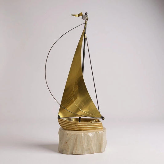 Mid Century Modern Onyx Mounted Brass Boat Sculpture