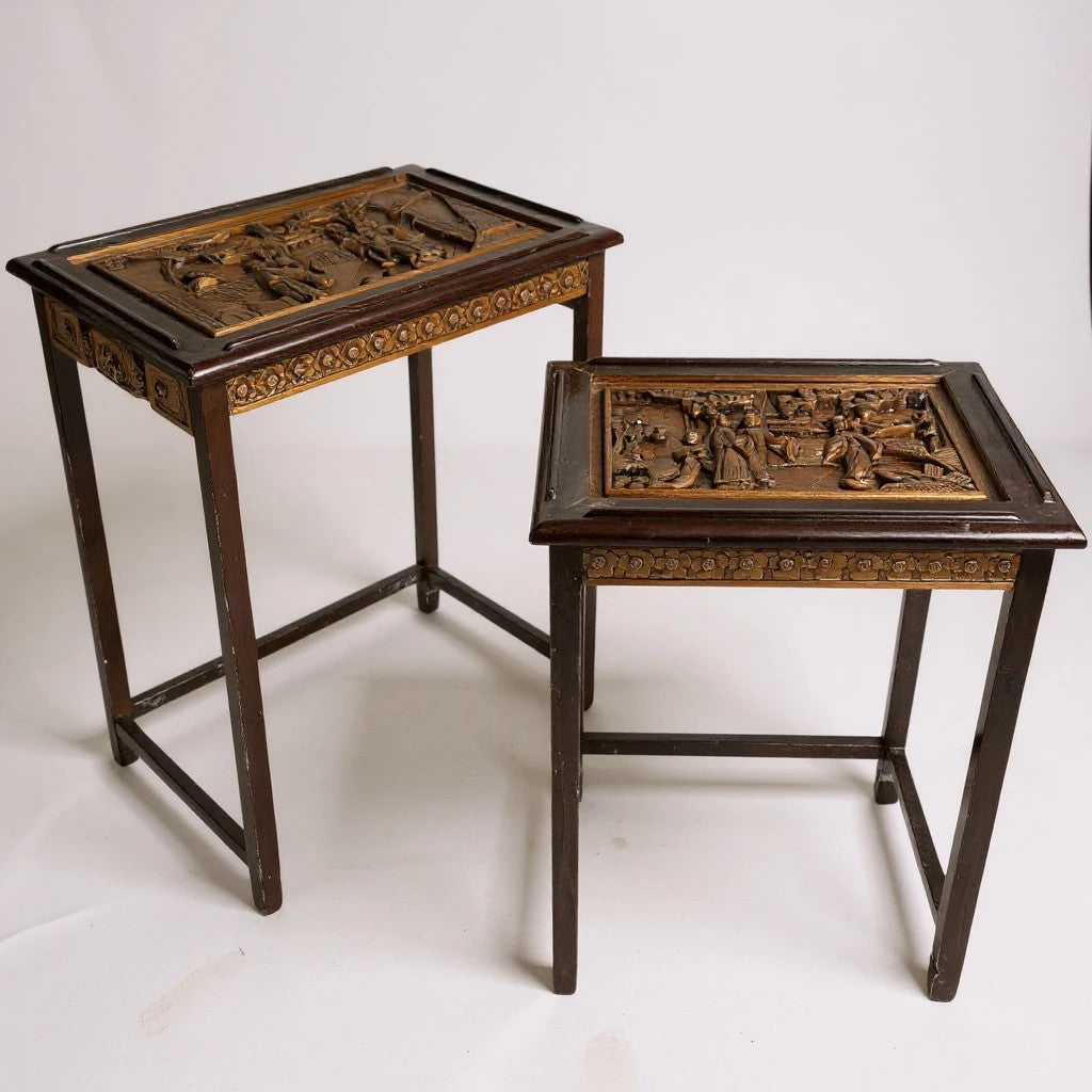 Vintage Chinese Camphor Wood Nest of Tables – Hand Carved Oriental Side Tables, Tall Nesting Tables