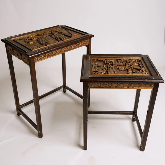 Vintage Chinese Camphor Wood Nest of Tables – Hand Carved Oriental Side Tables, Tall Nesting Tables