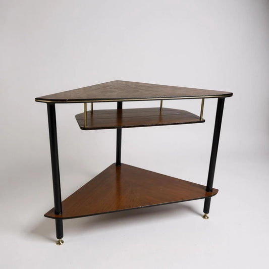 Mid Century Modern Formica and Teak Triangular Corner Shelf Unit