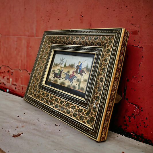 Vintage 1960s Persian Khatam Battle Scene Framed Painting