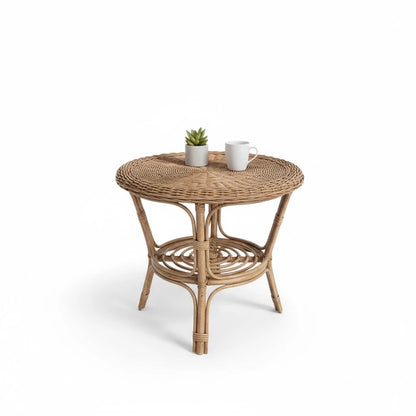 Vintage Bamboo Round Side Table – Small Rattan Accent Table