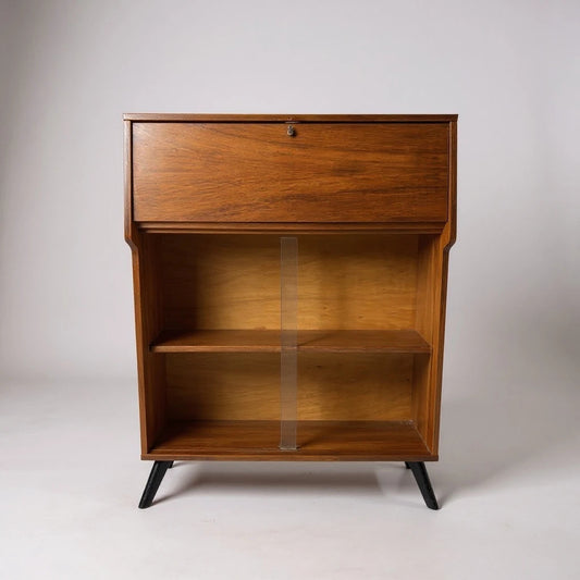 Mid-Century Avalon Bureau – Vintage Writing Desk with Glass Bookcase Storage