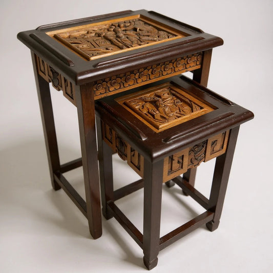 Pair of Vintage Chinese Camphor Wood Bedside Tables – Hand Carved Oriental Nightstands