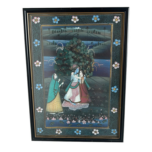 Mid Century Modern Indian Gouache Silk Painting Artwork