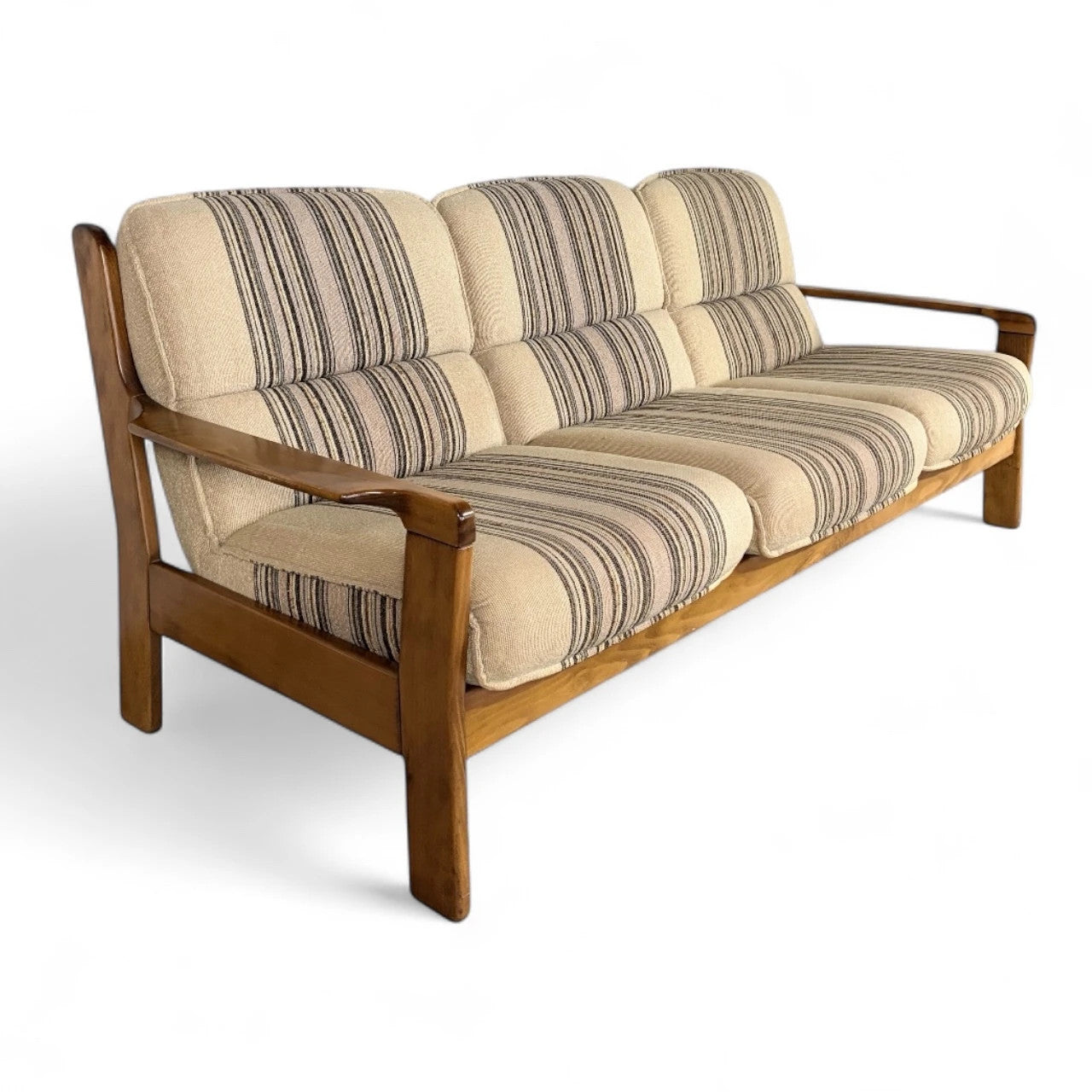 Danish Mid-Century Three-Seater Sofa | Brutalist Solid Wood Frame | Striped Woven Upholstery