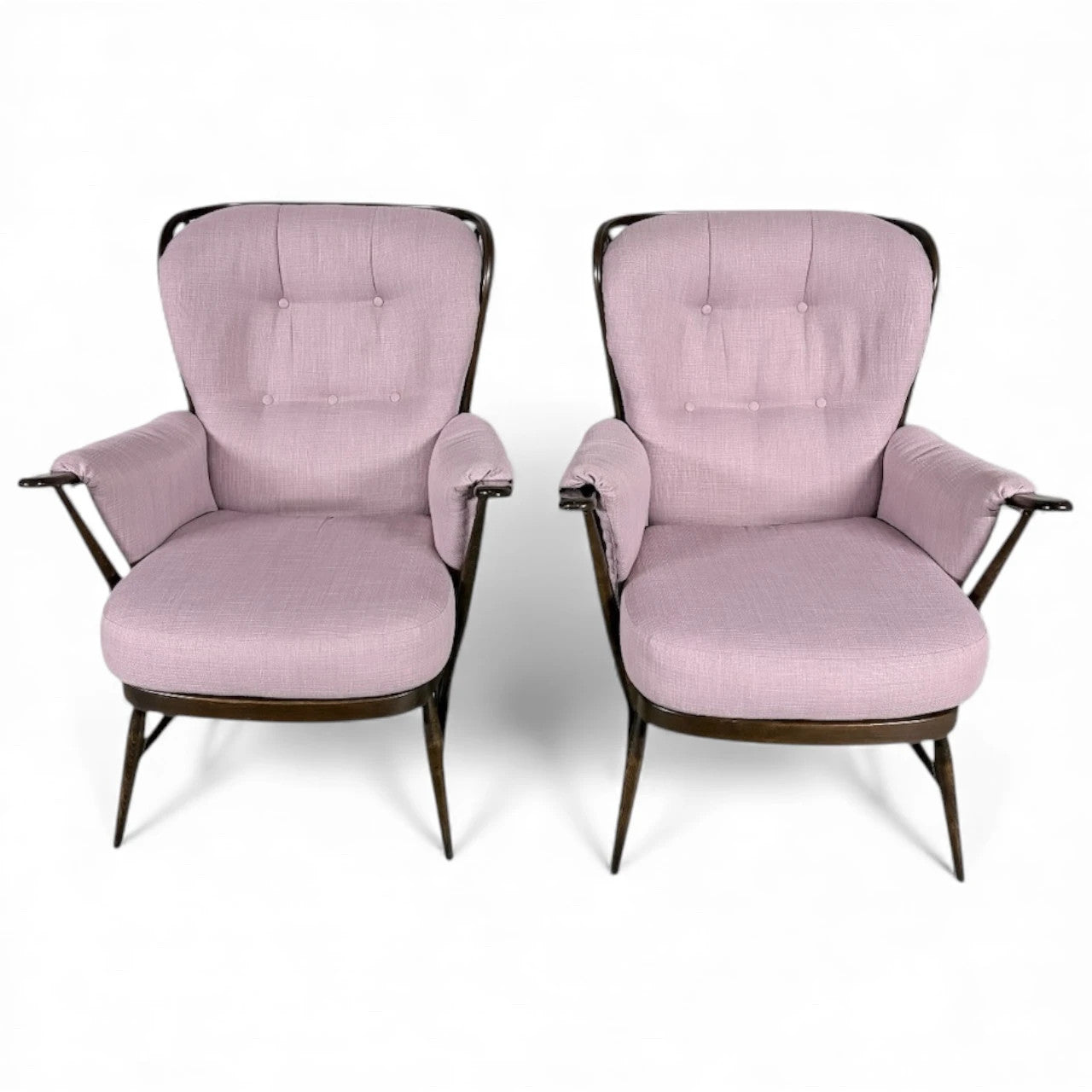 Ercol Everest Armchairs – Mid-Century Dark Beech Chairs with Dusty Pink Upholstery