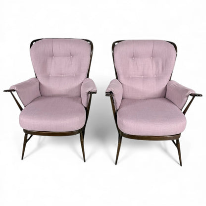 Ercol Everest Armchairs – Mid-Century Dark Beech Chairs with Dusty Pink Upholstery