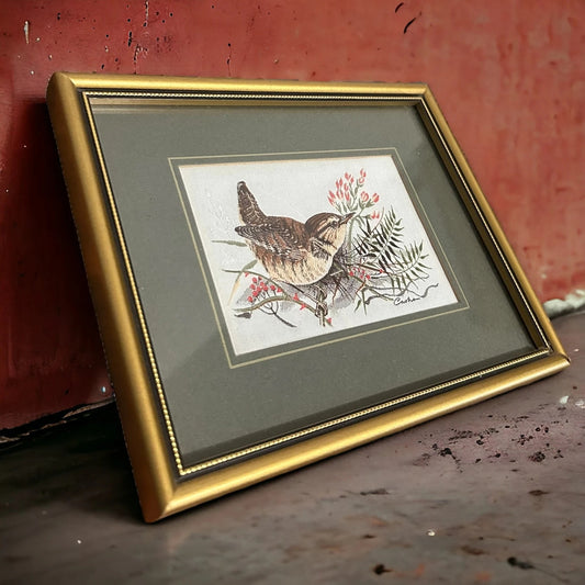 Vintage 1970s Wren Bird Silk Picture Frame