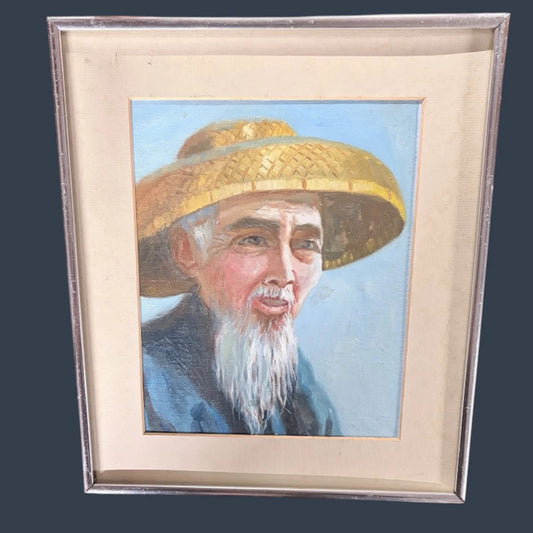 Vintage Chinese Oil Painting – Framed Elderly Man Portrait With Traditional Brushwork