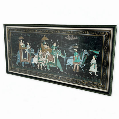 Vintage Indian Silk Painting Royal Procession Rajasthani Handmade Folk Artwork