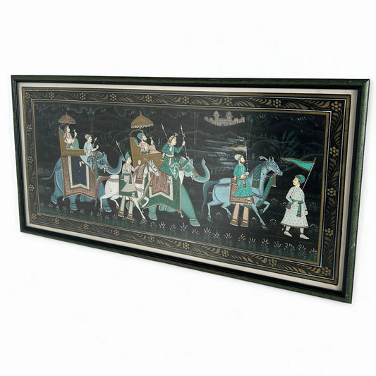 Vintage Indian Silk Painting Royal Procession Rajasthani Handmade Folk Artwork