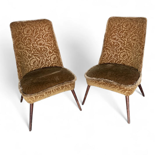 Pair of Mid-Century Cocktail Chairs | Gold Brocade Upholstery with Tapered Legs