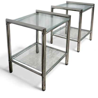Chrome Glass Bedside Tables – Mid Century Modern Square Two Tier Nightstands