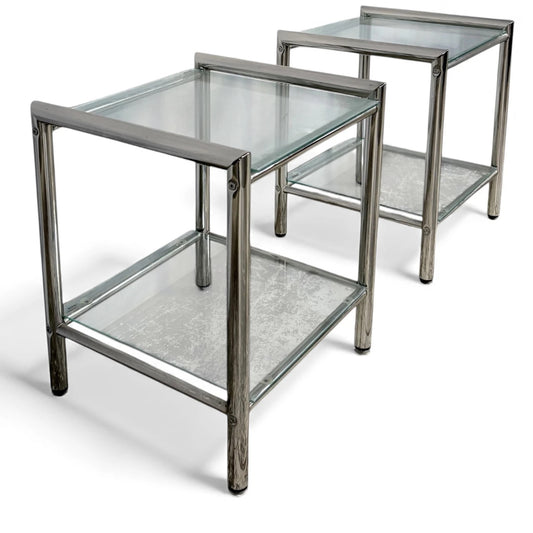 Chrome Glass Bedside Tables – Mid Century Modern Square Two Tier Nightstands