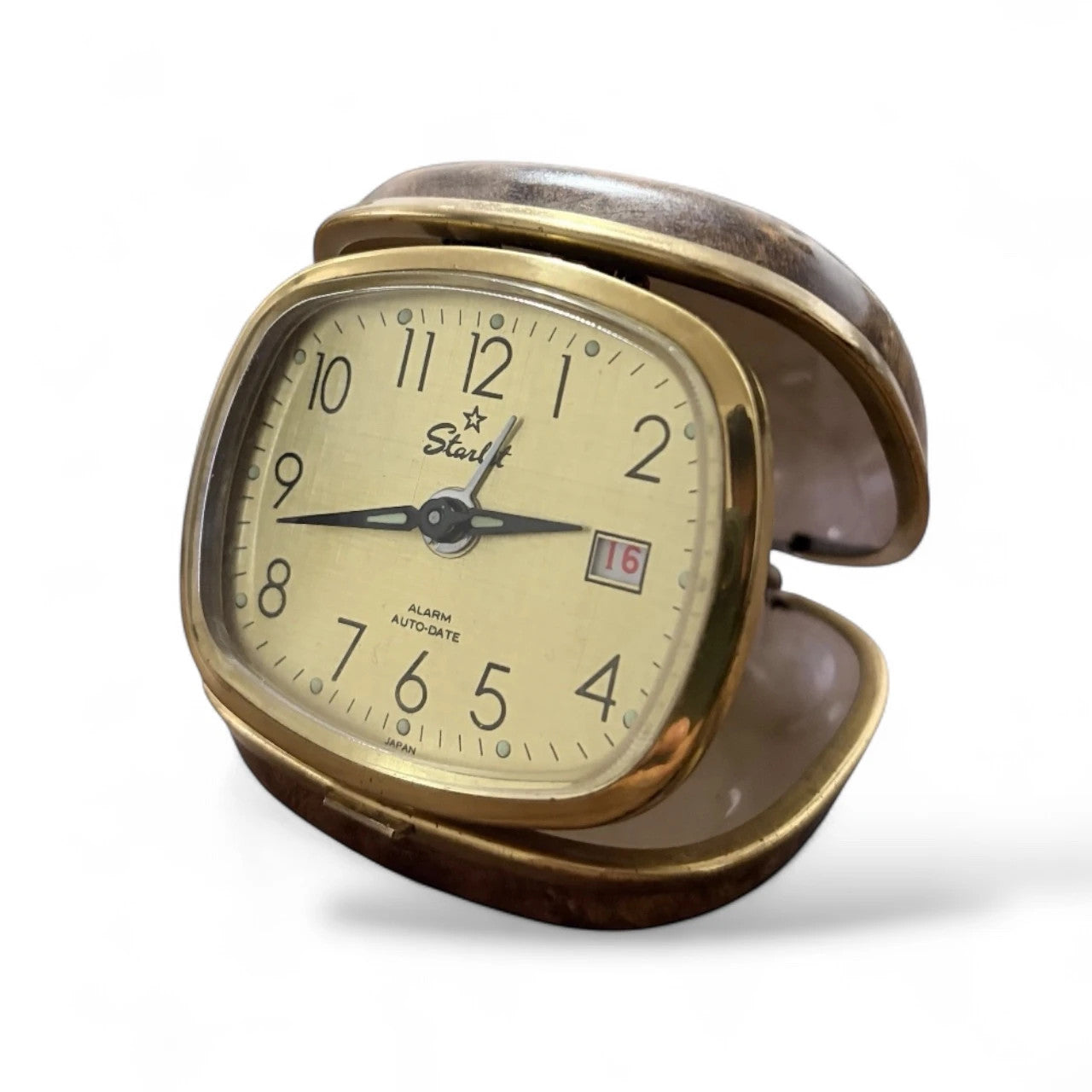 Vintage Travel Clock – Japanese Mid Century Alarm Clock With Folding Gold Tone Case