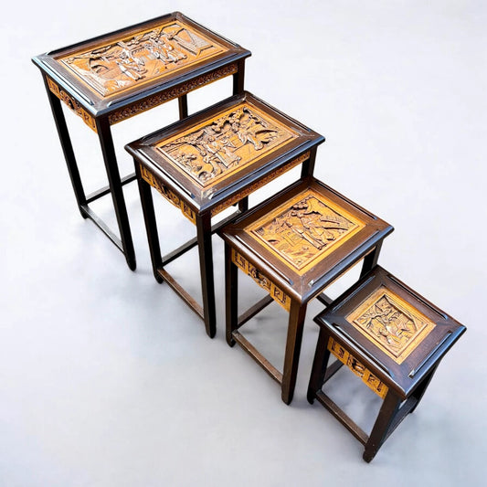 Mid Century Set of Four Chinese Carved Camphor Wood Nest of Tables