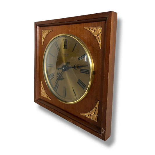 Mid Century Wood and Brass Square Wall Clock by Eurastyle
