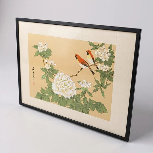 Vintage 1960s Chinese Birds Nature Floral Silk Art Framed Painting