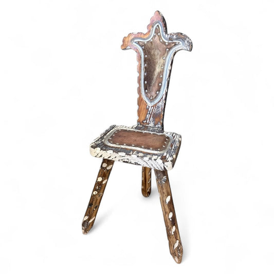 Brutalist Spanish Chair with Mohair Seat | Distressed Primitive Folk Art Chair