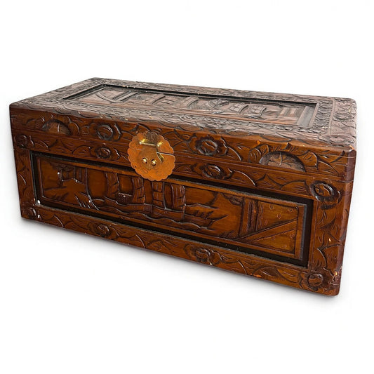 Mid Century Chinese Carved Camphor Wood Storage Treasure Chest