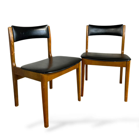 Mid Century Teak Dining Chairs – Set of 2 Vintage Black Vinyl Chairs