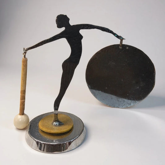 Art Deco Chrome Lady Gong Sculpture – 1930s Figurative Desk Ornament