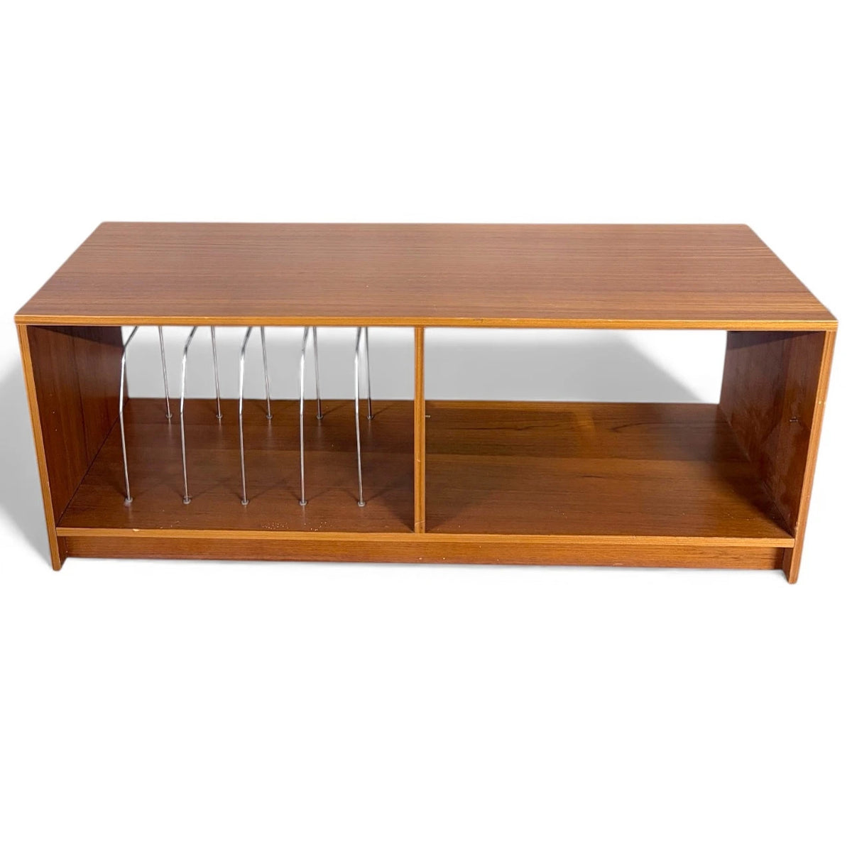 Mid Century Media Unit – Teak TV Stand with Vinyl Record Storage & Metal Wire Dividers