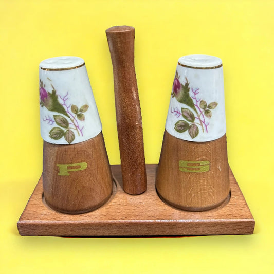 Mid century wood and porcelain salt and pepper shakers cruet set