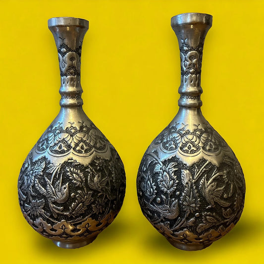 Vintage 1950s Persian Silver Copper Pair of Vases