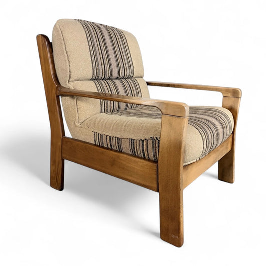 Danish Mid-Century Armchair | Solid Wood Frame & Striped Fabric Upholstery