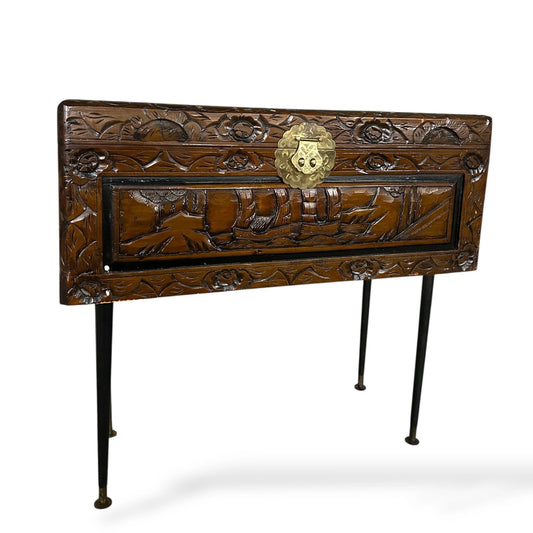 Vintage Carved Camphor Chest on Legs – Oriental Storage Trunk with Brass Detail