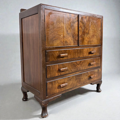 Walnut Burr Cabinet - Vintage Storage Cabinet With Solid Wood Handles & Curved Pad Feet