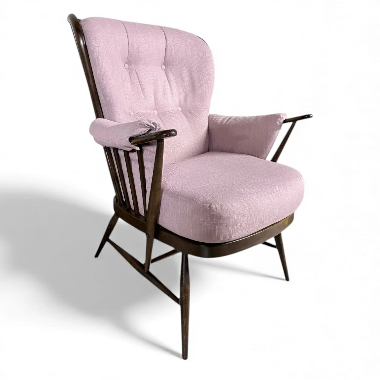 Ercol Everest Armchair – Mid Century Dark Beech Frame | Dusty Pink Upholstery