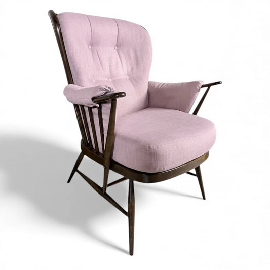 Ercol Everest Armchair – Mid Century Dark Beech Frame | Dusty Pink Upholstery